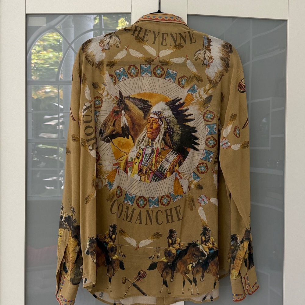 D&G Tan Western-Style Button-Up Shirt with Multicolor Collar Detail - Picture 4 of 4